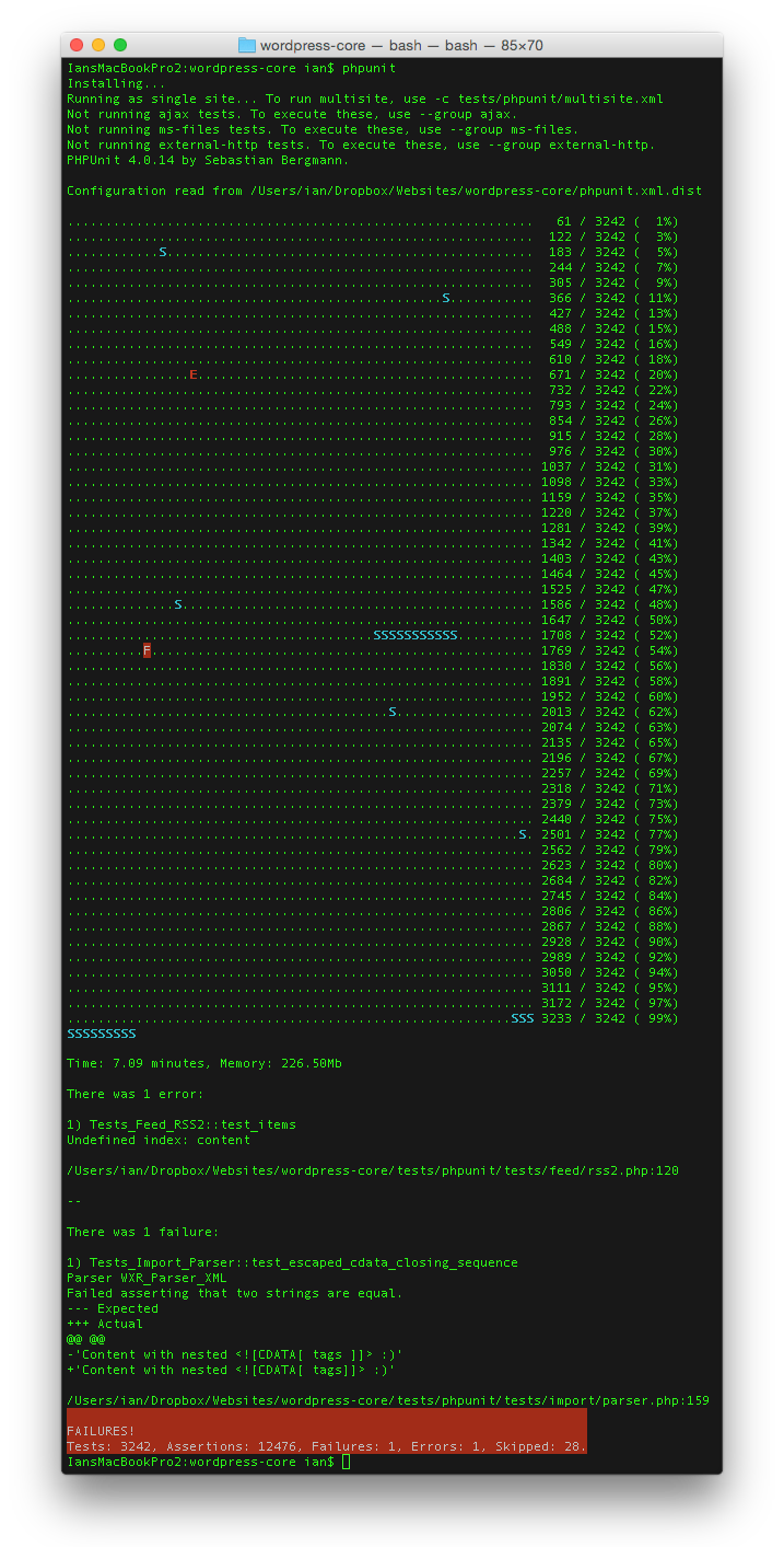 WordPress Core Unit Tests Run