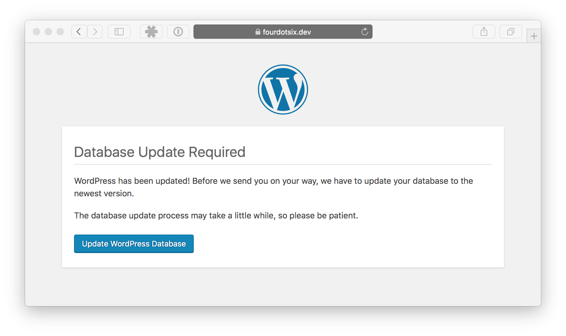 Screenshot of the WordPress upgrade screen, titled "Database Update Required"