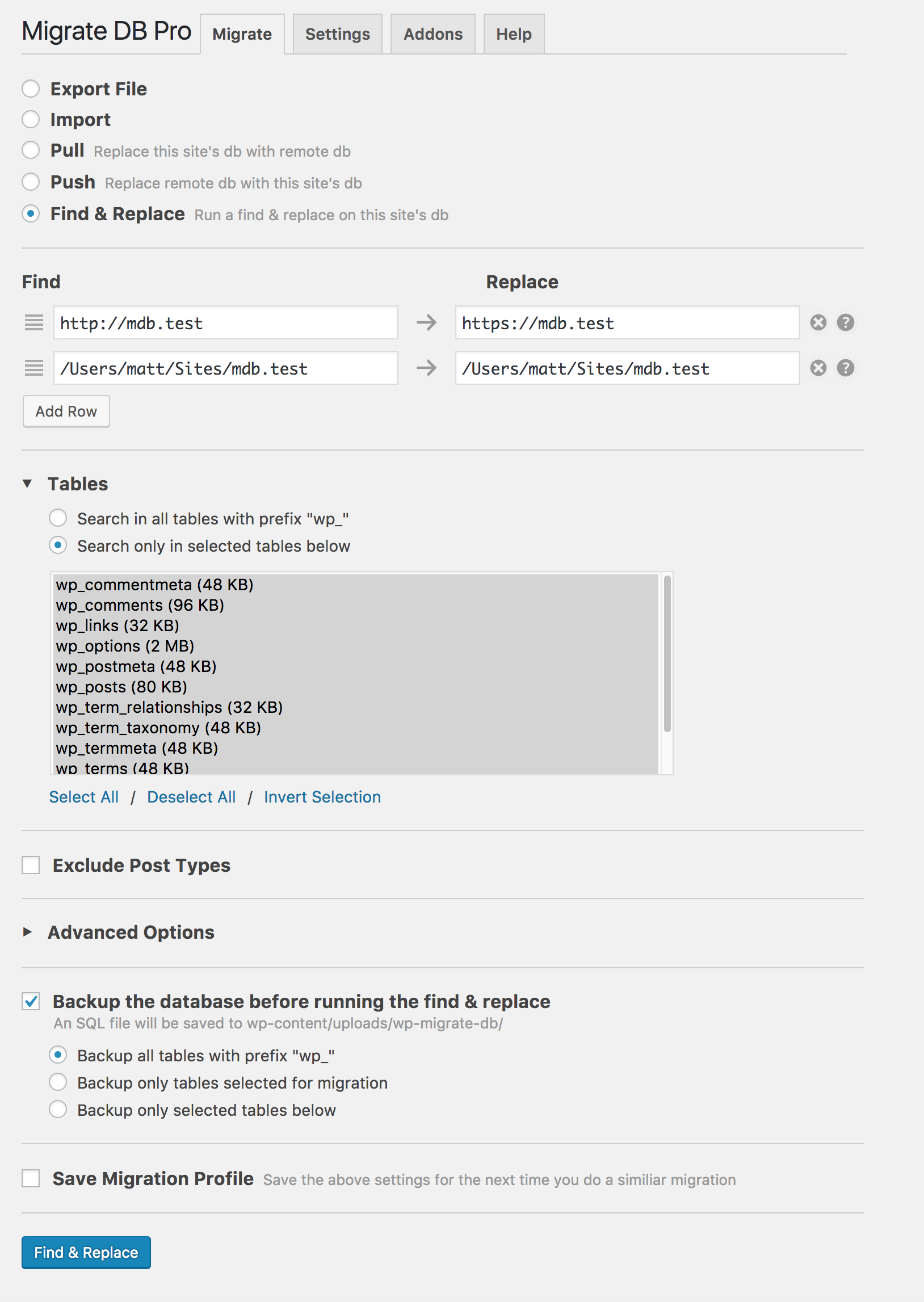 WP Migrate DB Pro Find & Replace settings