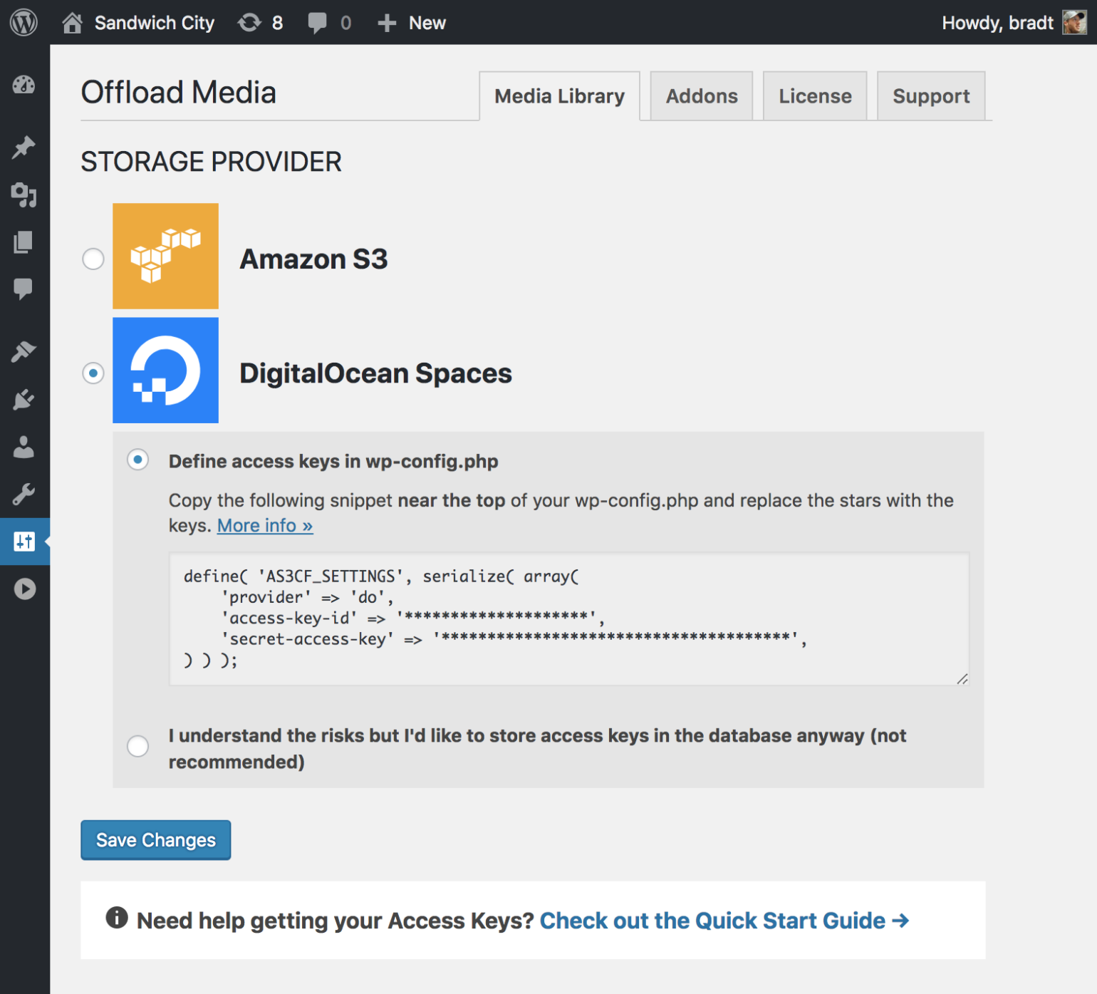 Storage provider screen in WP Offload Media selecting DigitalOcean Spaces