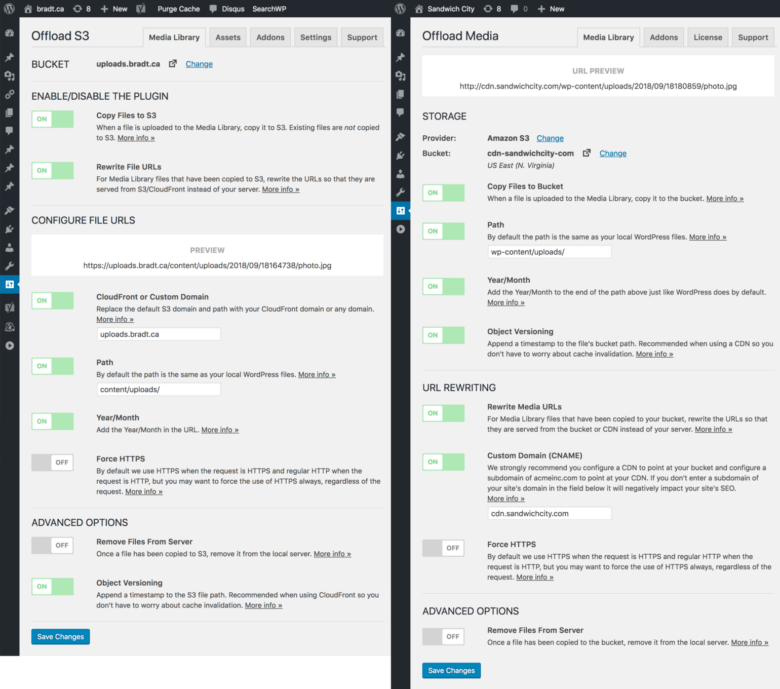 Side-by-side comparison of the WP Offload S3 1.7 and WP Offload Media 2.0 settings UIs