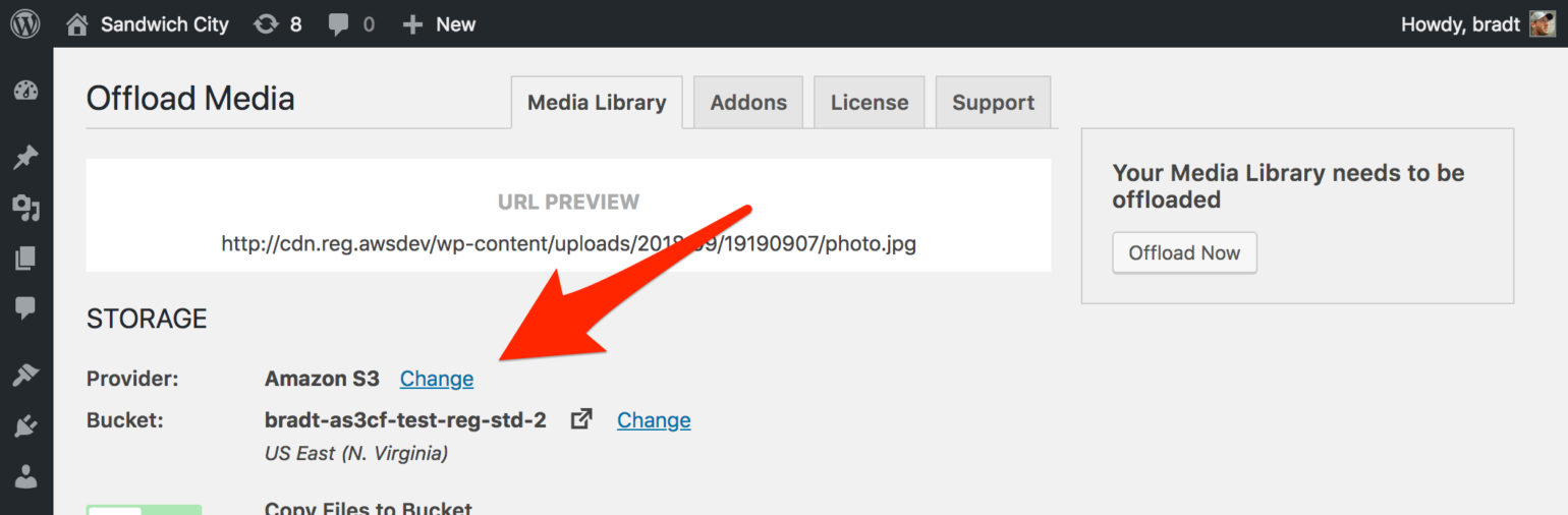 WP Offload Media change provider link