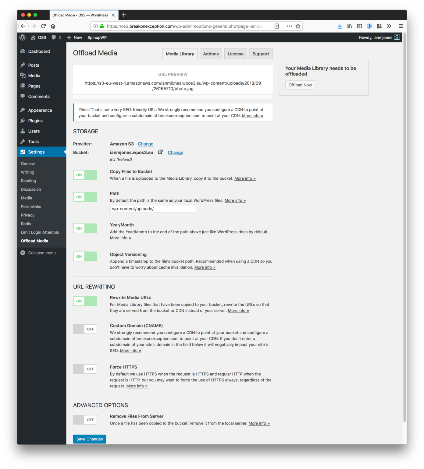 WP Offload Media Bucket Saved - S3