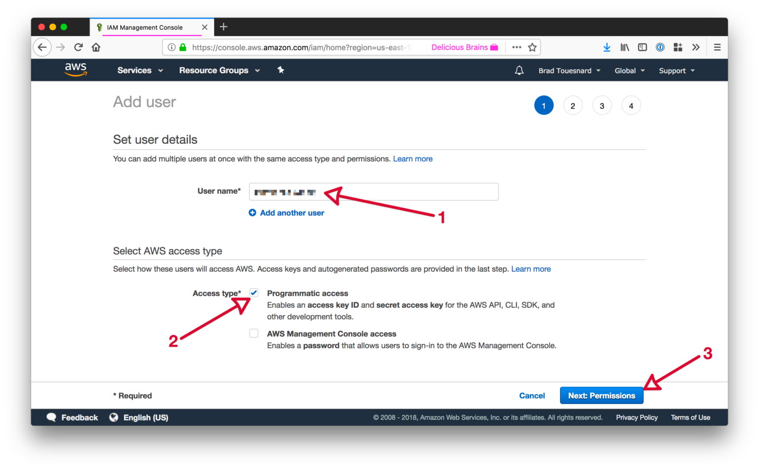 IAM Management Console - Add User - Set user name