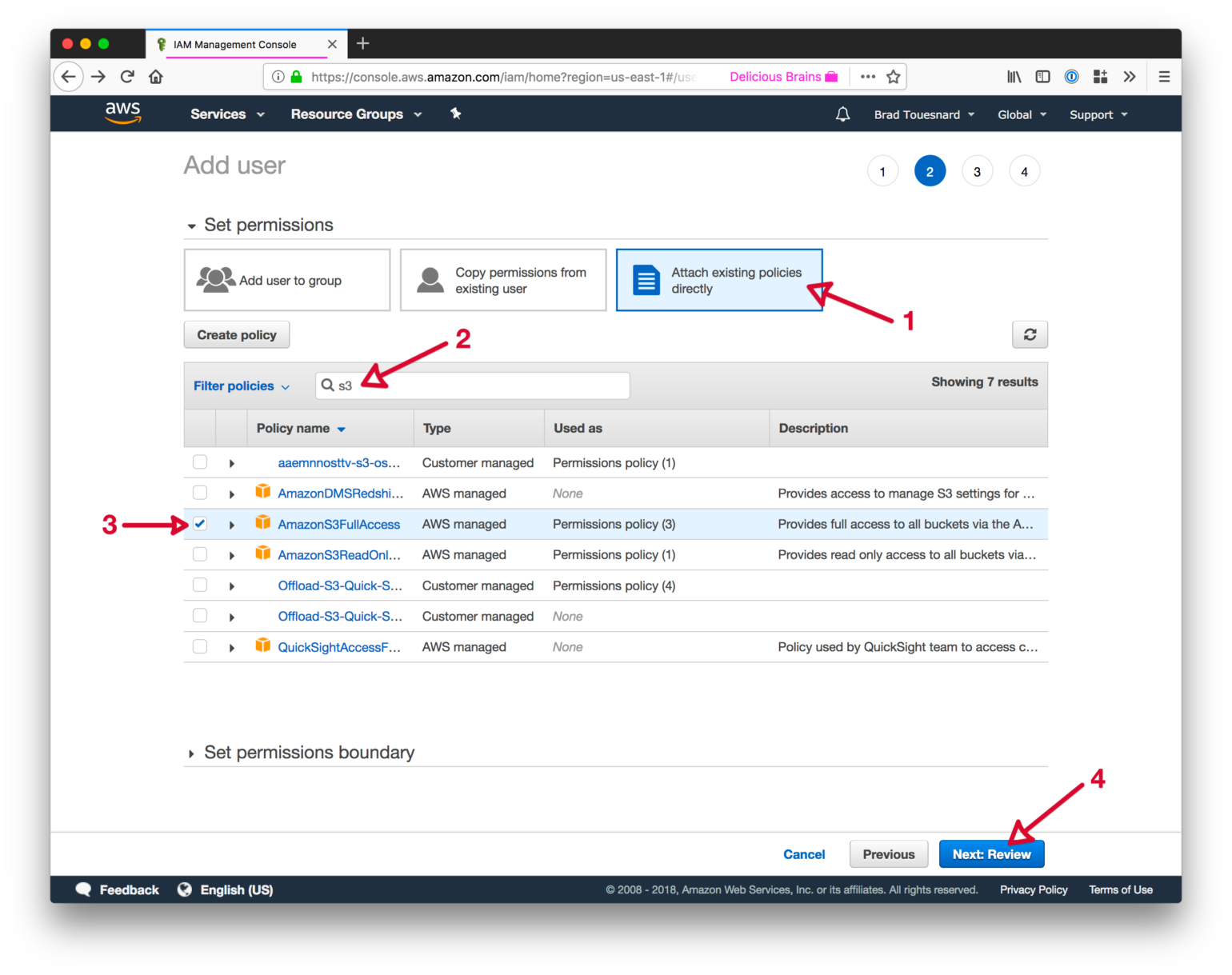 IAM Management Console - Add User - Attach Permissions