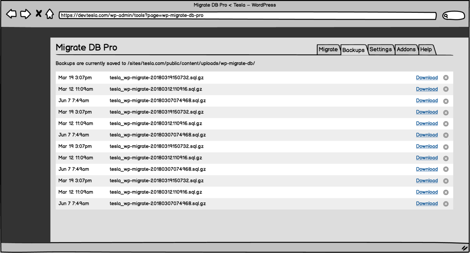 Wireframe of the new Backups tab