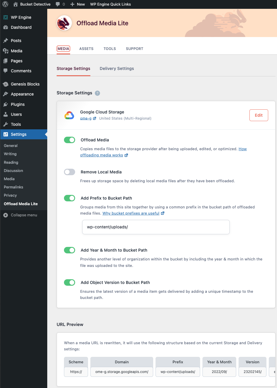 WP Offload Media's settings page after Google Cloud Storage bucket saved