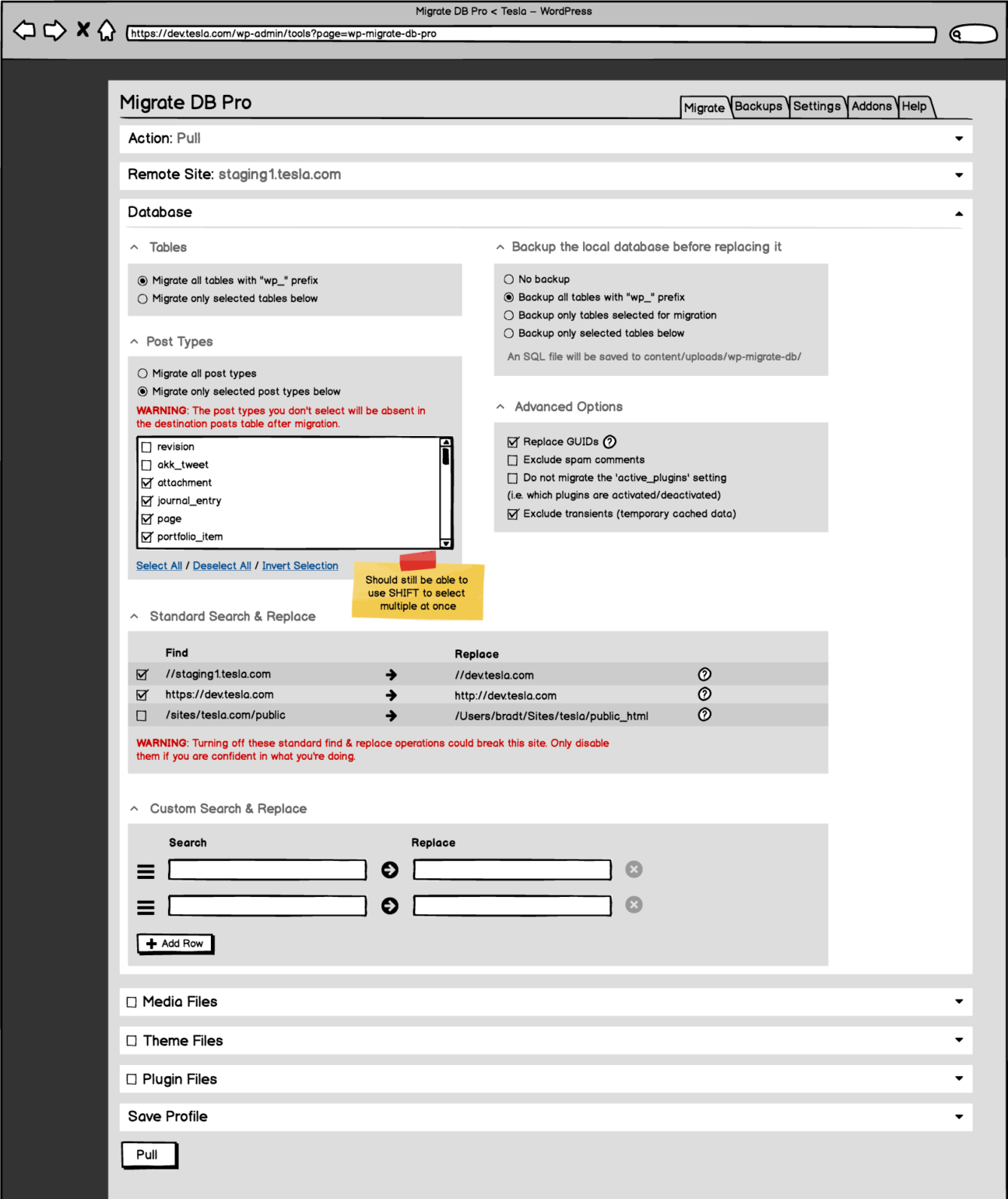 Wireframe of the new migration options screen