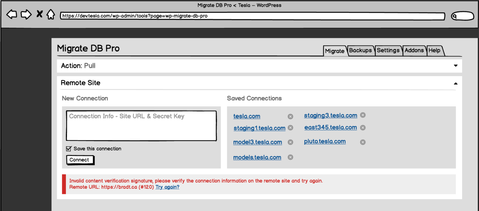 Wireframe of the connection options on the Migrate tab