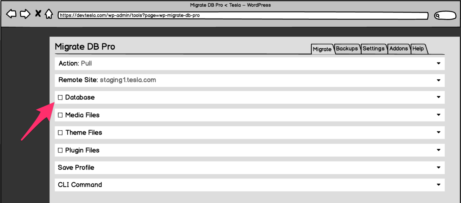 Wireframe of the migration options screen pointing out the ability to choose to migrate the database or not