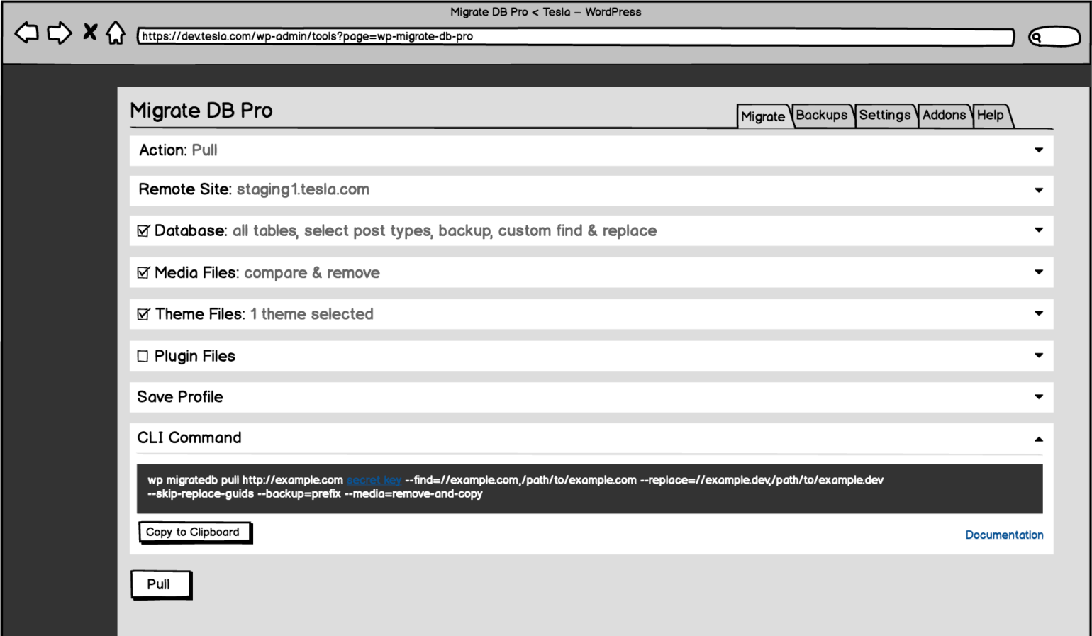 Wireframe showing a CLI command in the UI