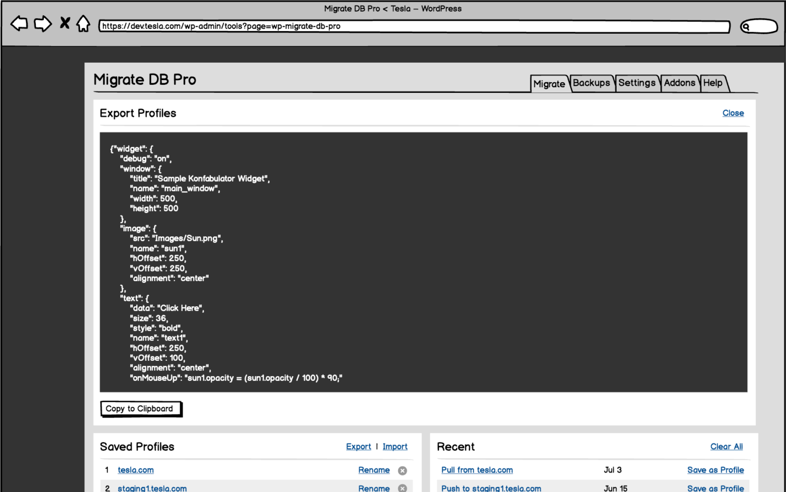 Wireframe of the export of migration profiles