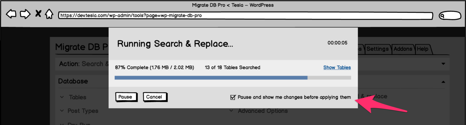 Wireframe of the future progress display with option to pause migration