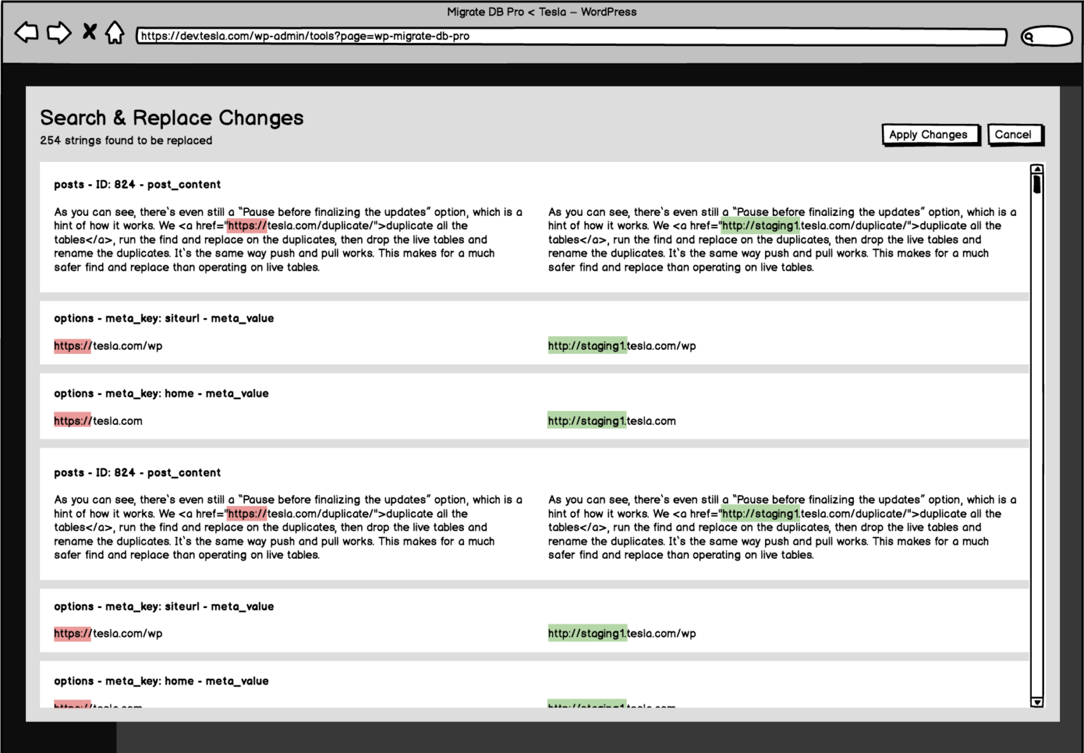 Wireframe of the future search and replace changes screen