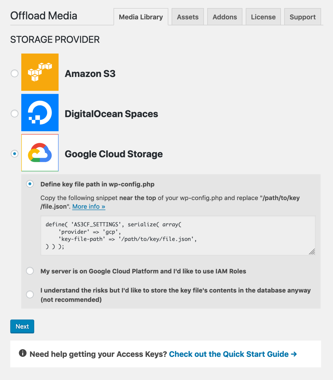 WP Offload Media Storage Provider screen with Google Cloud Storage provider selected