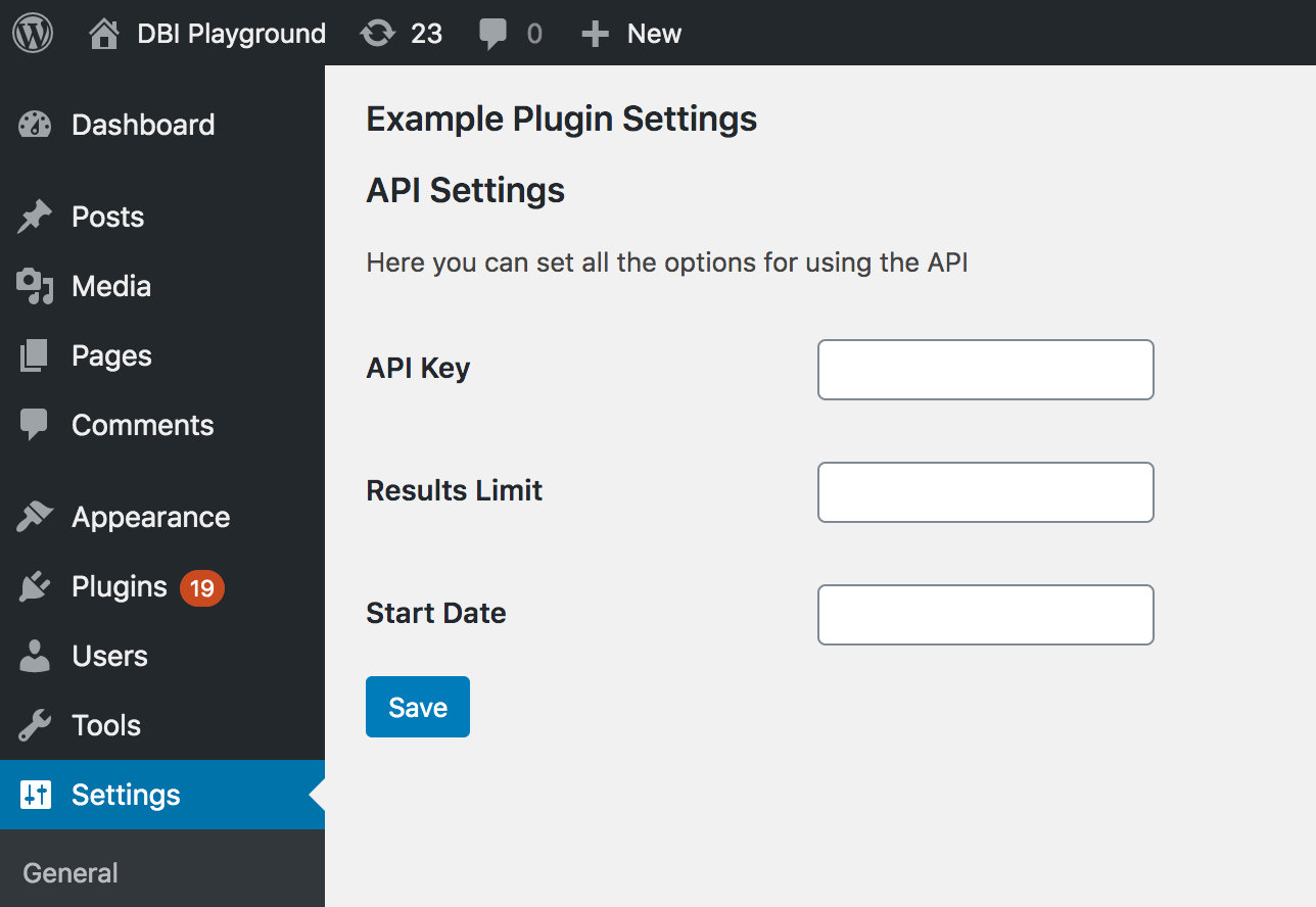 Screenshot of the settings page in the WordPress dashboard using the WordPress Settings API