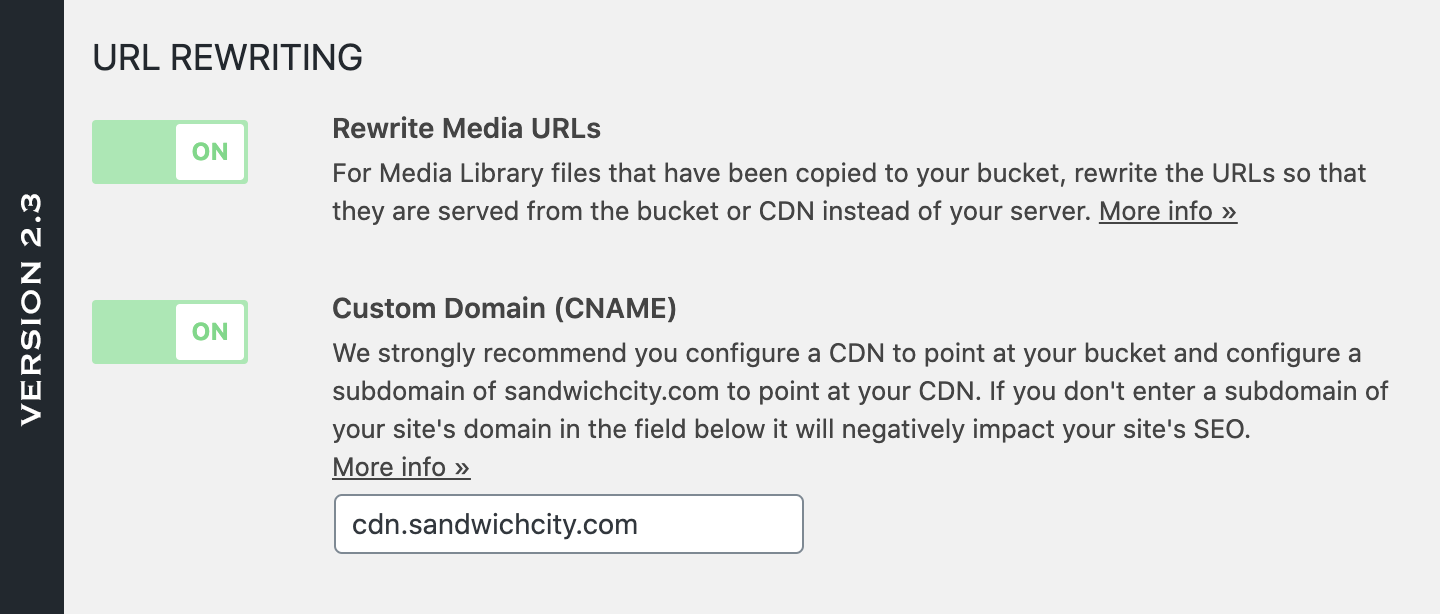 Version 2.3 of WP Offload Media showing the URL rewriting options