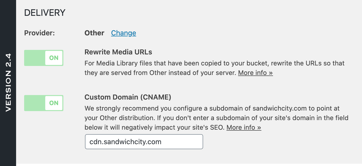 Version 2.4 of WP Offload Media showing the Provider and ability to change it