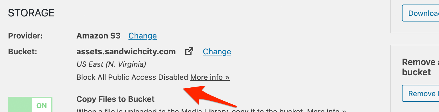 settings screen shows the status of Block All Public Access under the Bucket settings