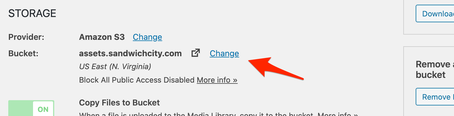 WP Offload Media settings screen showing a change link next to the Bucket settings