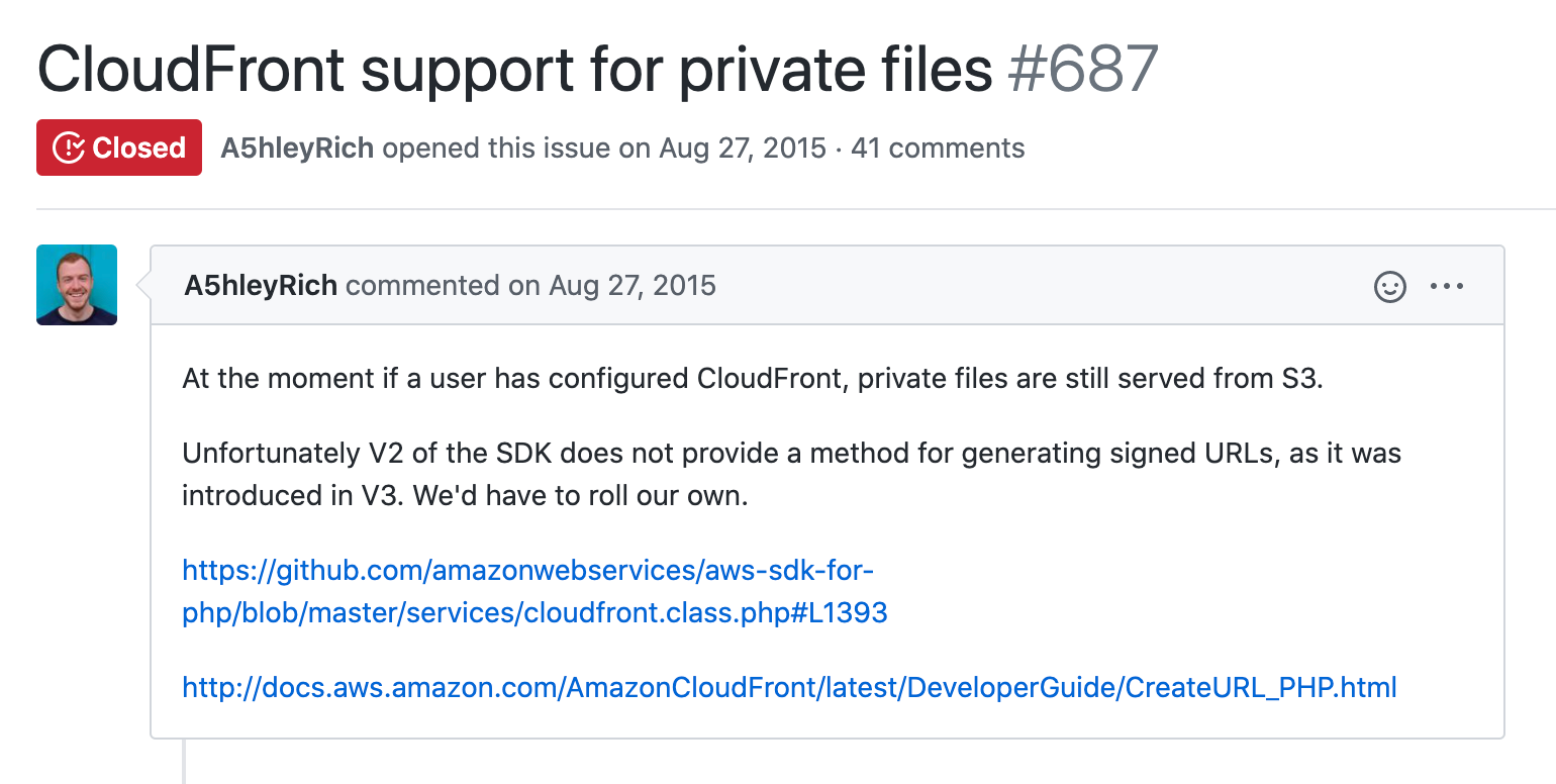 CloudFront support for private files GitHub issue showing an open date of August 27, 2015