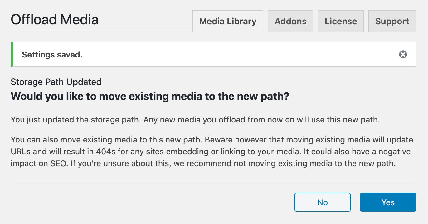 prompt displaying option to move existing media to new path and warning