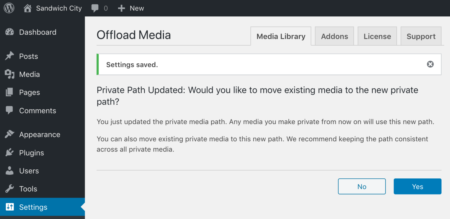 OME Signed CloudFront Setup - WP Offload Media showing move private media prompt