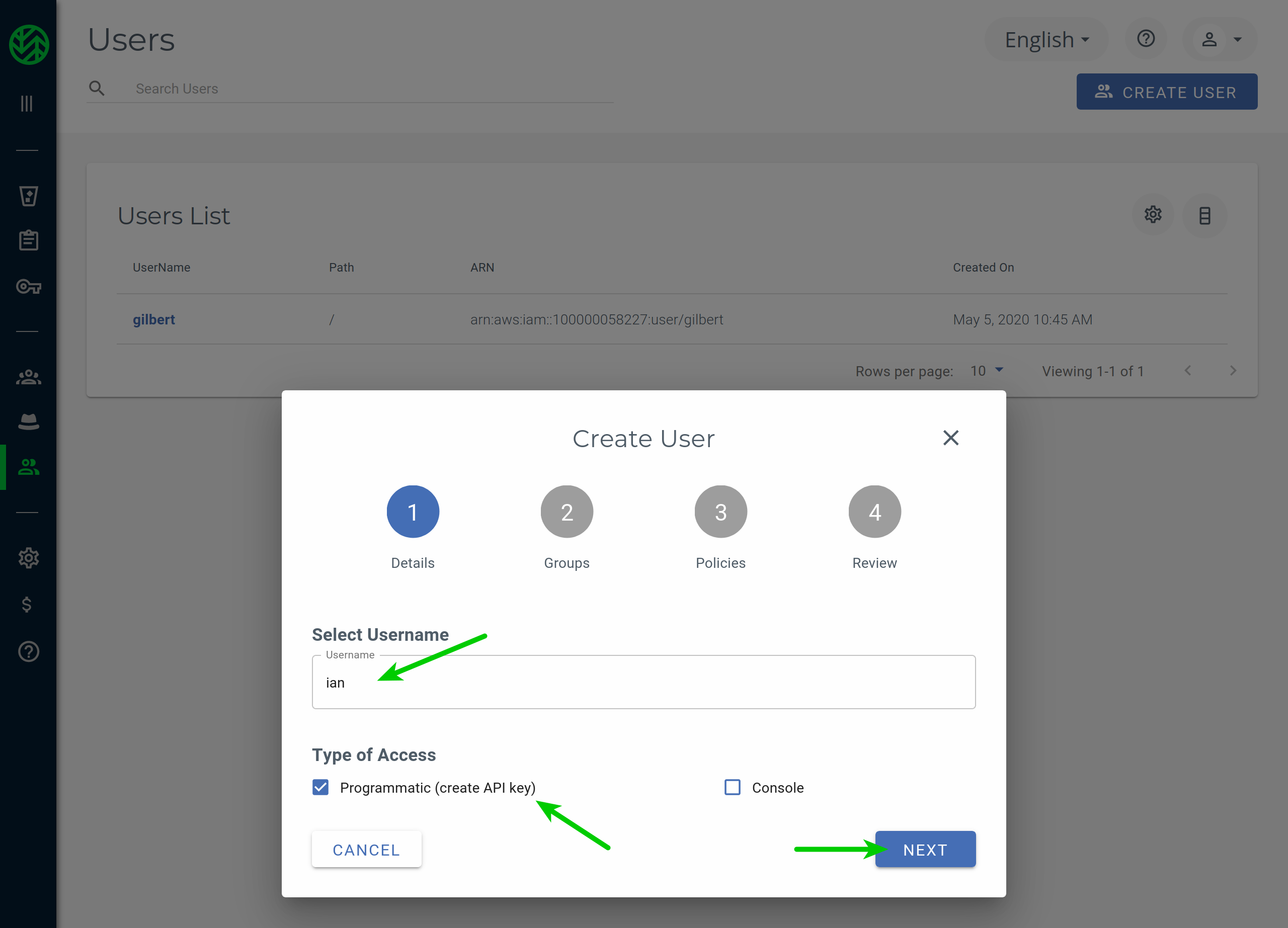 Enter new user name and select Programmatic Access Type in Wasabi Console