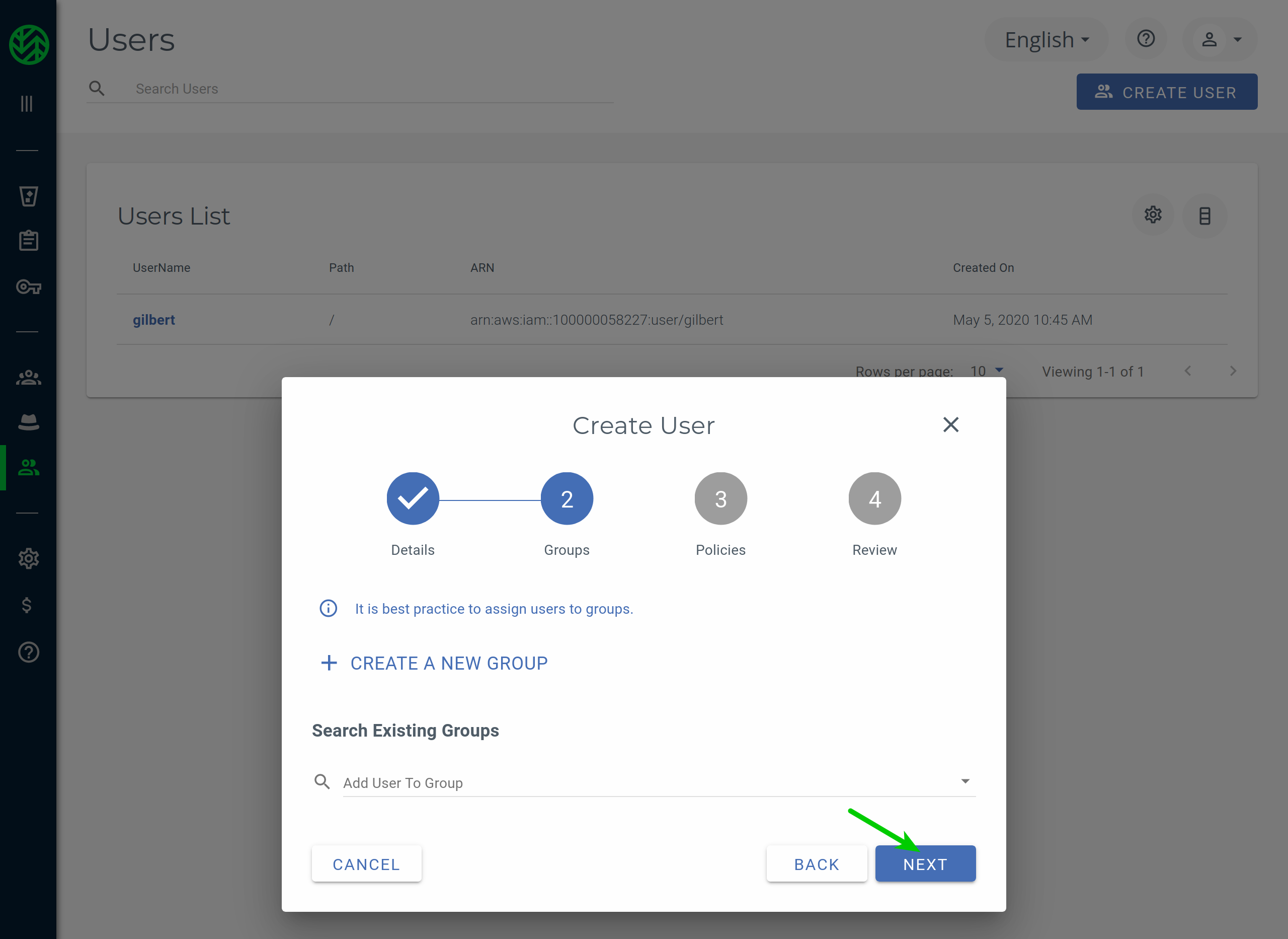 Skip create group in Wasabi Console Create User