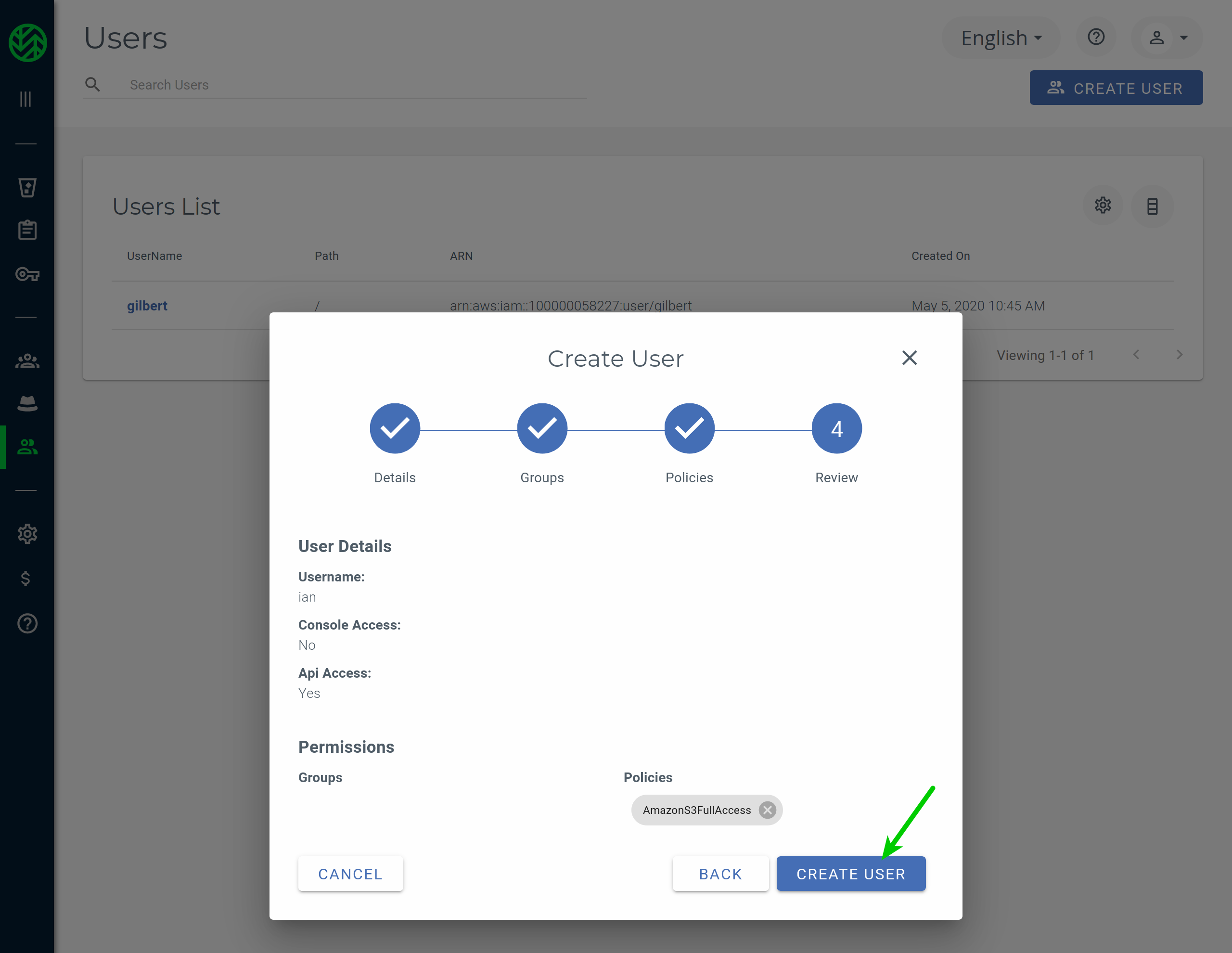 Confirm create user details in Wasabi Console