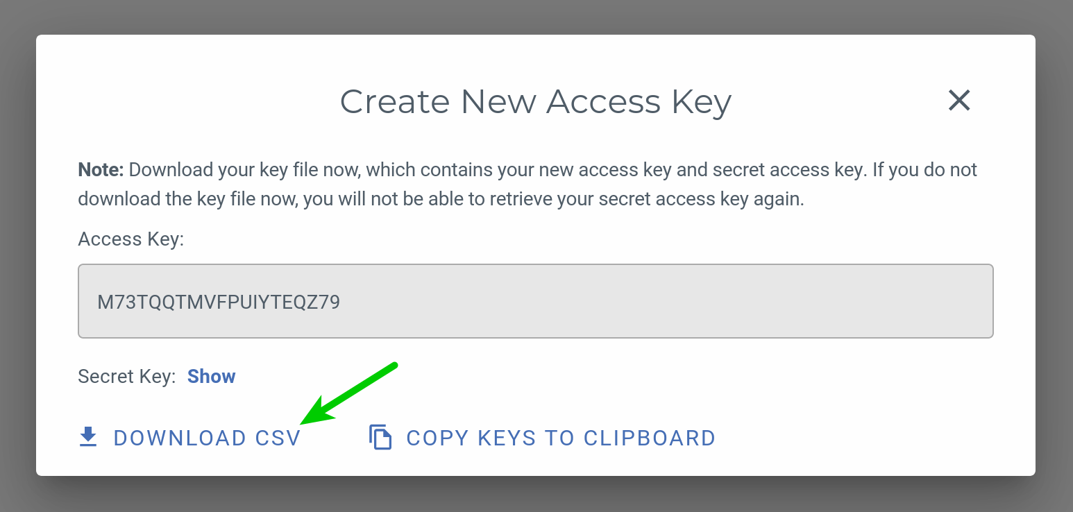 Create New Access Keys dialog in Wasabi Console