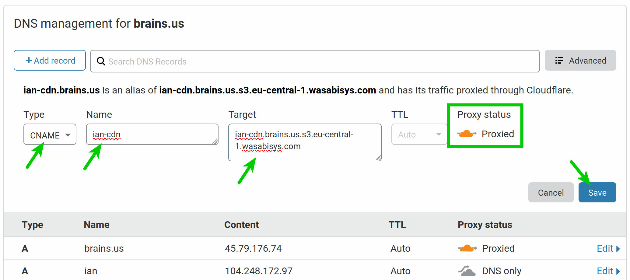 Create Cloudflare CNAME DNS entry for Wasabi