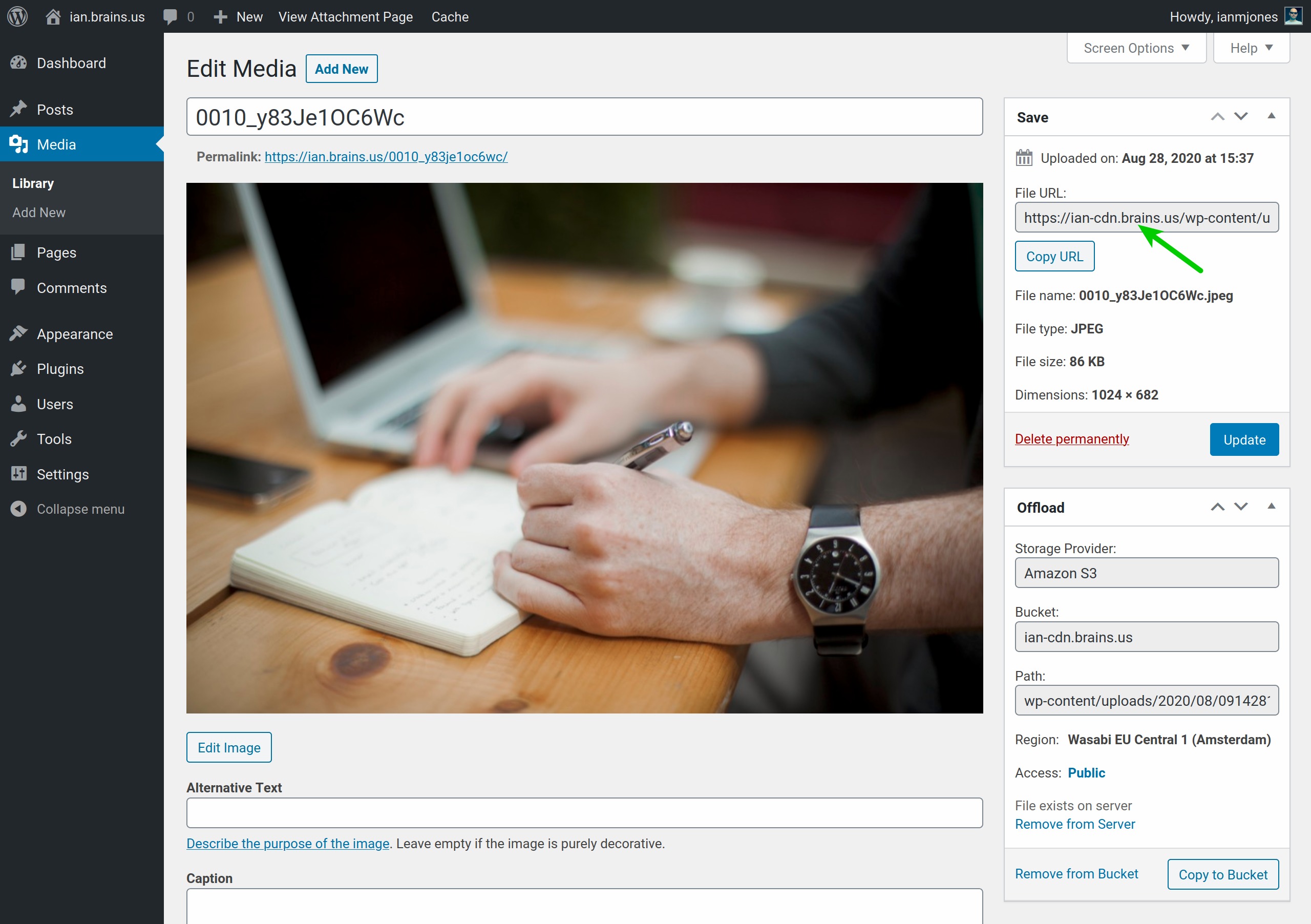 A Media Library item that has been offloaded to Wasabi and using custom domain