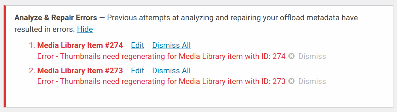 Check or remove items created with the Add Metadata tool error notice showing details