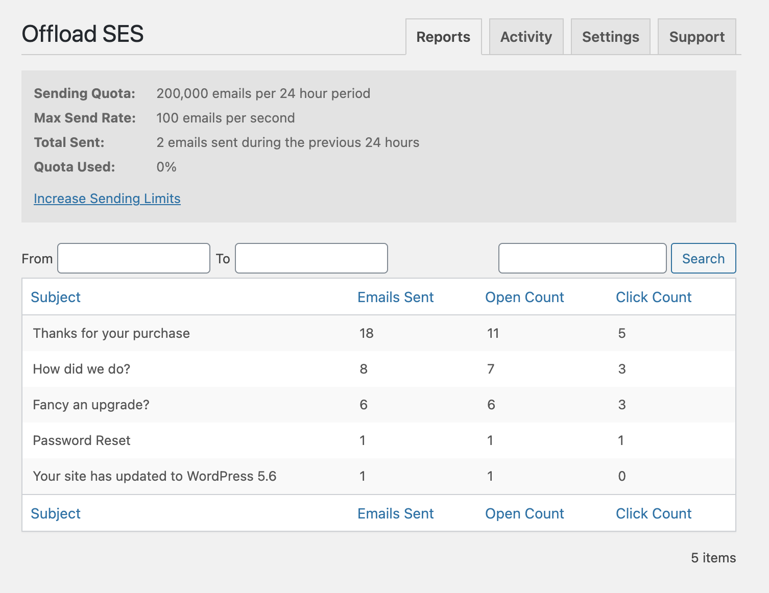 WP Offload SES Reports tab