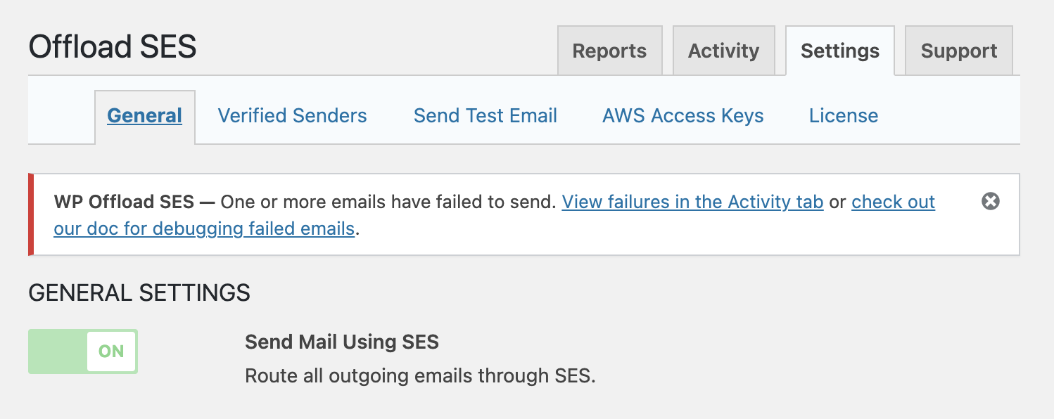 WP Offload SES - email failed notice