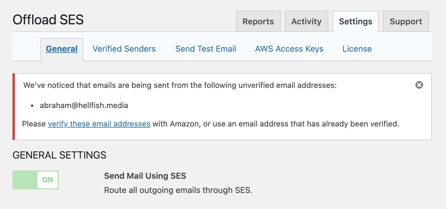 WP Offload SES - unverified sender notice