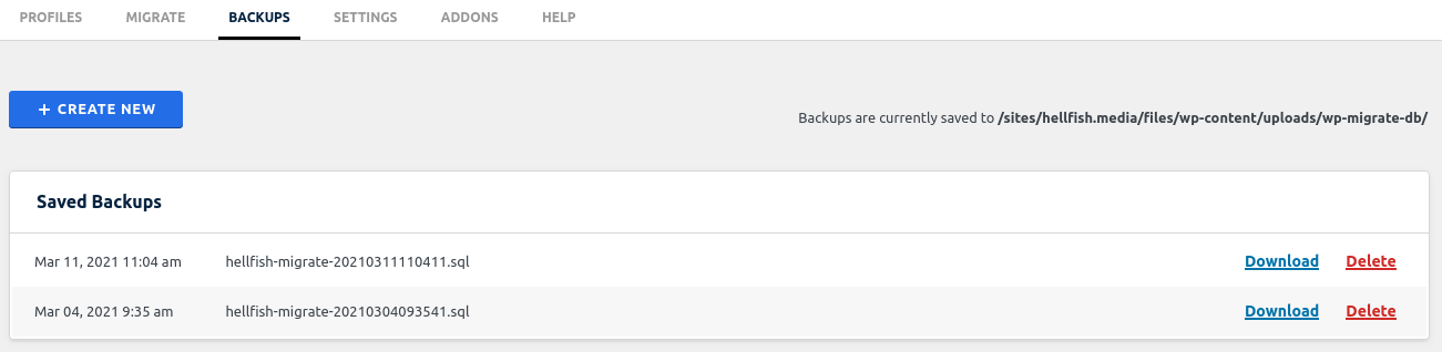 Backups tab showing list of saved backups