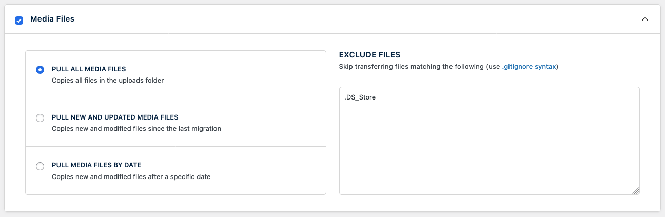 WP Migrate DB Pro media files options.