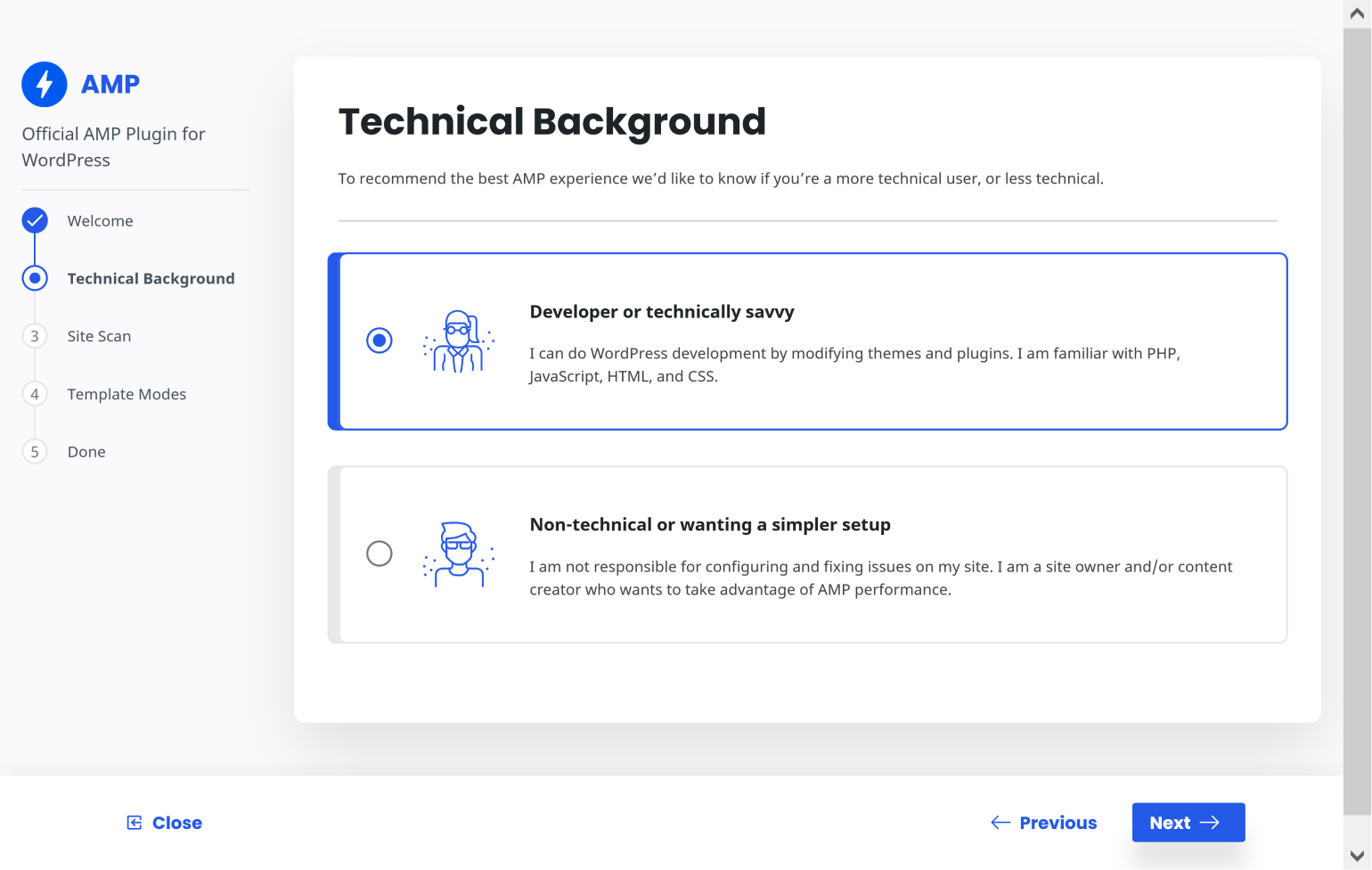 The AMP onboarding wizard gives you the option to define your level of technical knowledge.