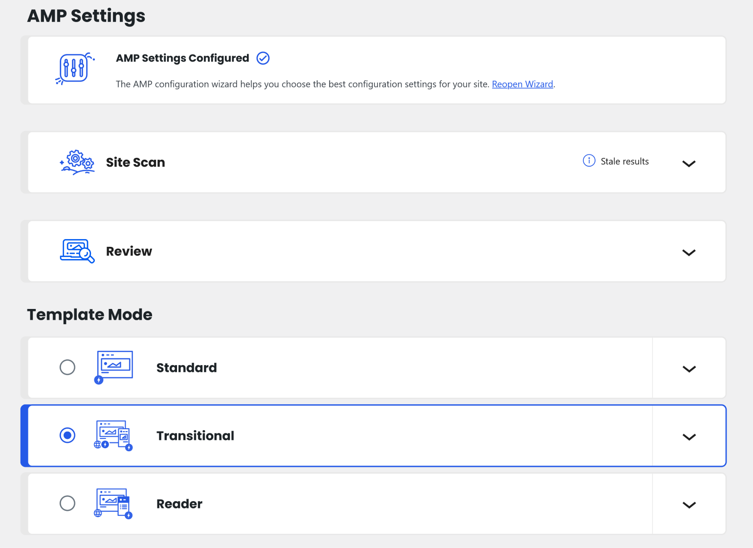 The settings page of the official AMP plugin for WordPress.