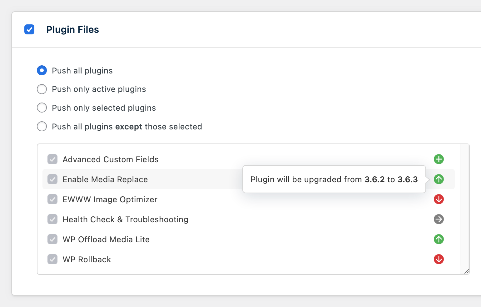 Plugin version comparisons indicated by icons and tooltips in the Plugins panel.