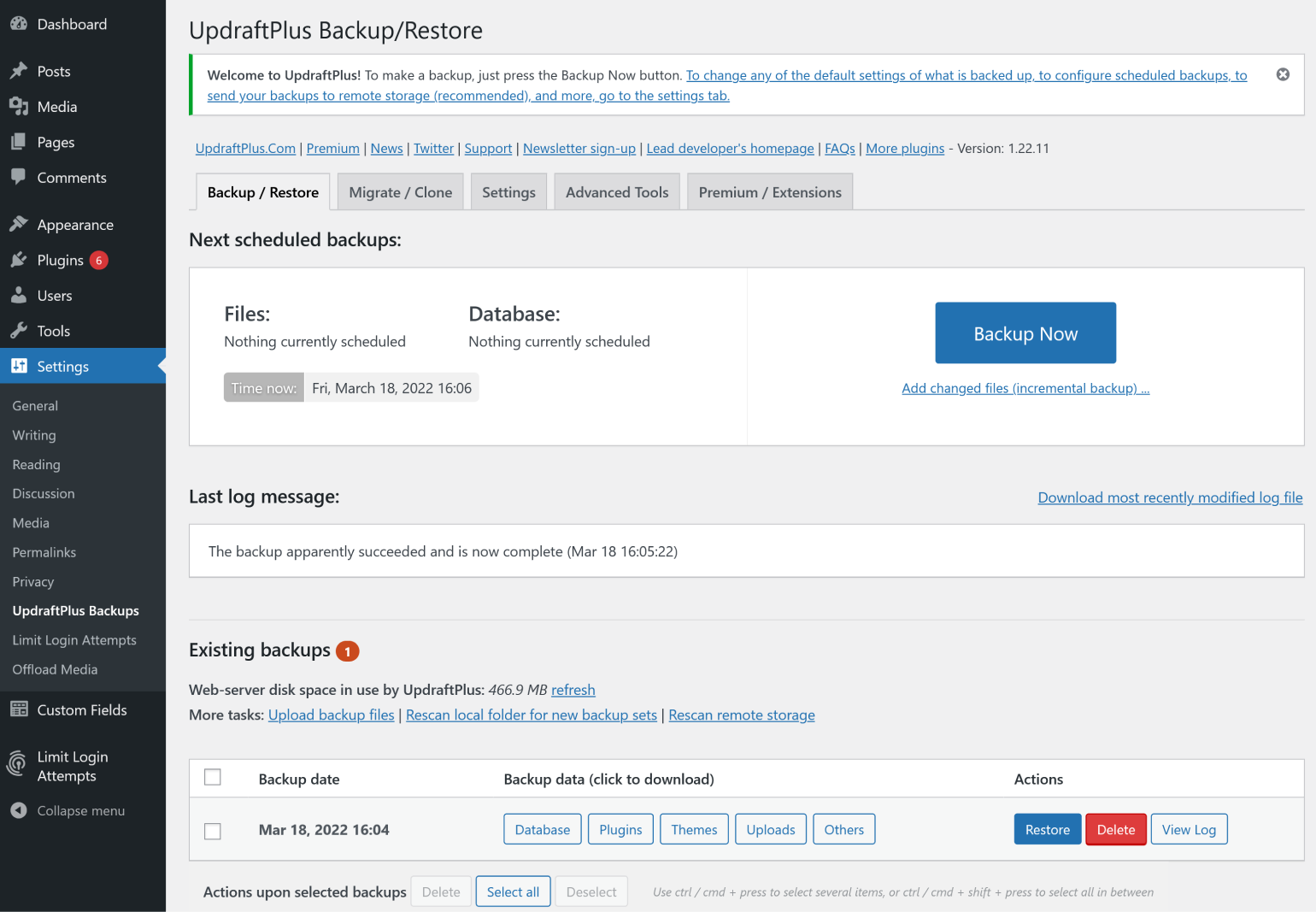 Performing a one-click restore in UpdraftPlus.