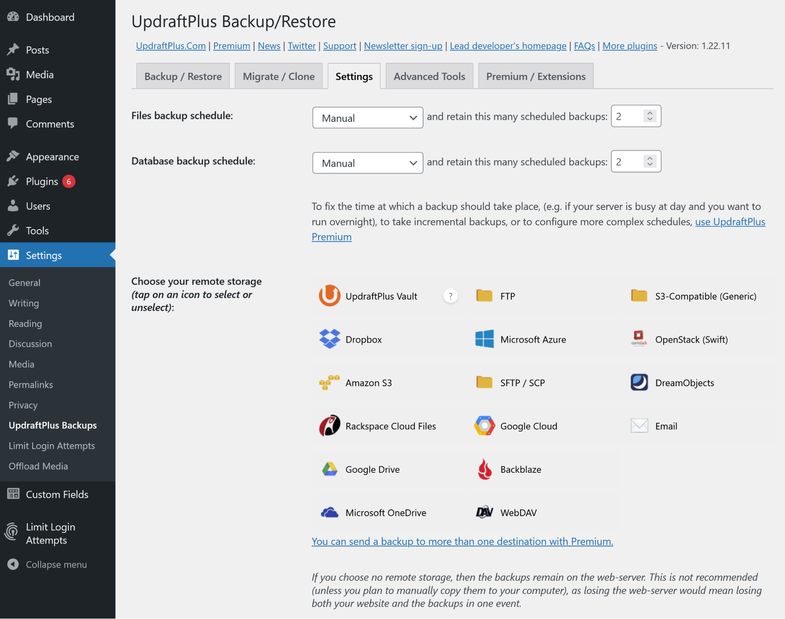 Setting up remote storage in UpdraftPlus. 