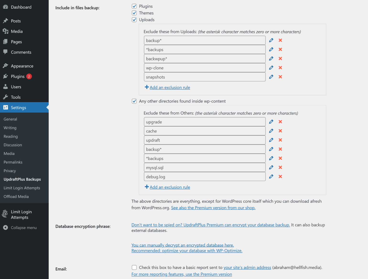 Advanced settings in UpdraftPlus. 