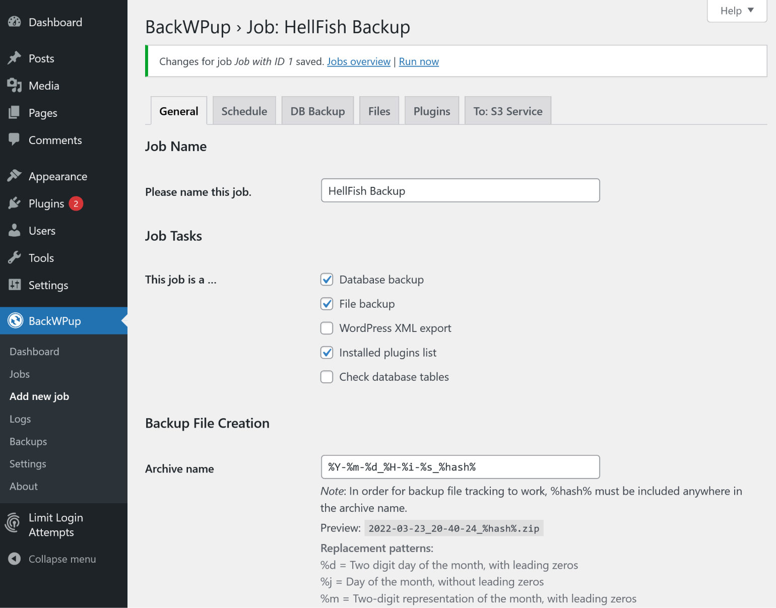 Creating a backup job in BackWPup.