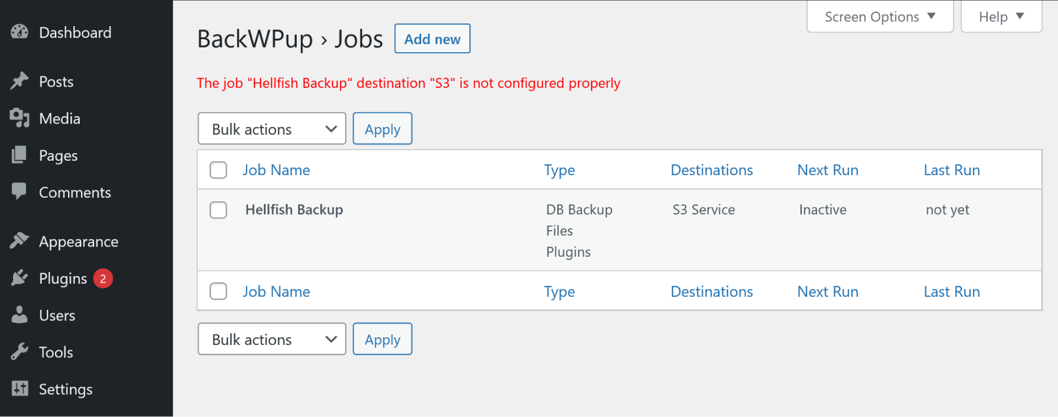 A warning in BackWPup that shows remote storage is not configured. 