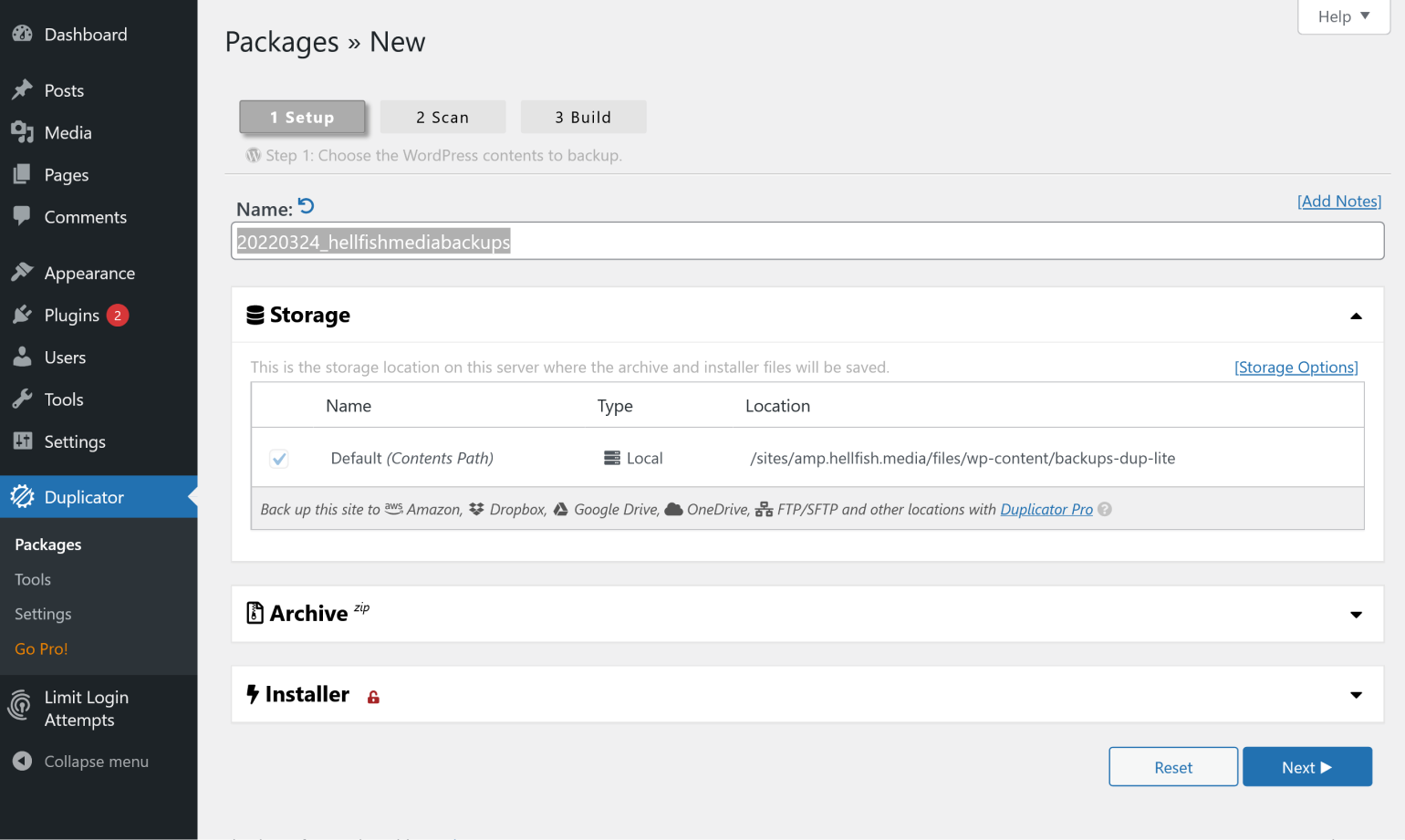 Storage options in Duplicator Lite. 