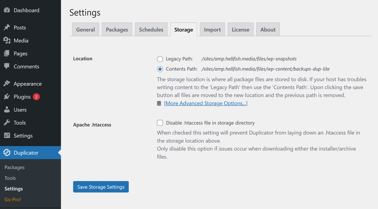 Adjusting storage settings in Duplicator.