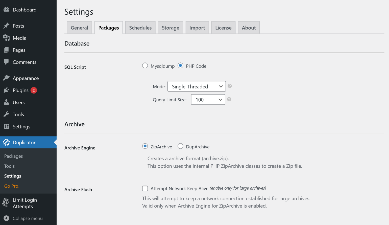 Setting package settings in Duplicator.